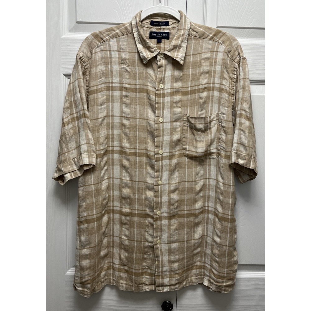 Austin Reed London Plaid Mens 100% Linen Button Short Sleeve Shirt Beige